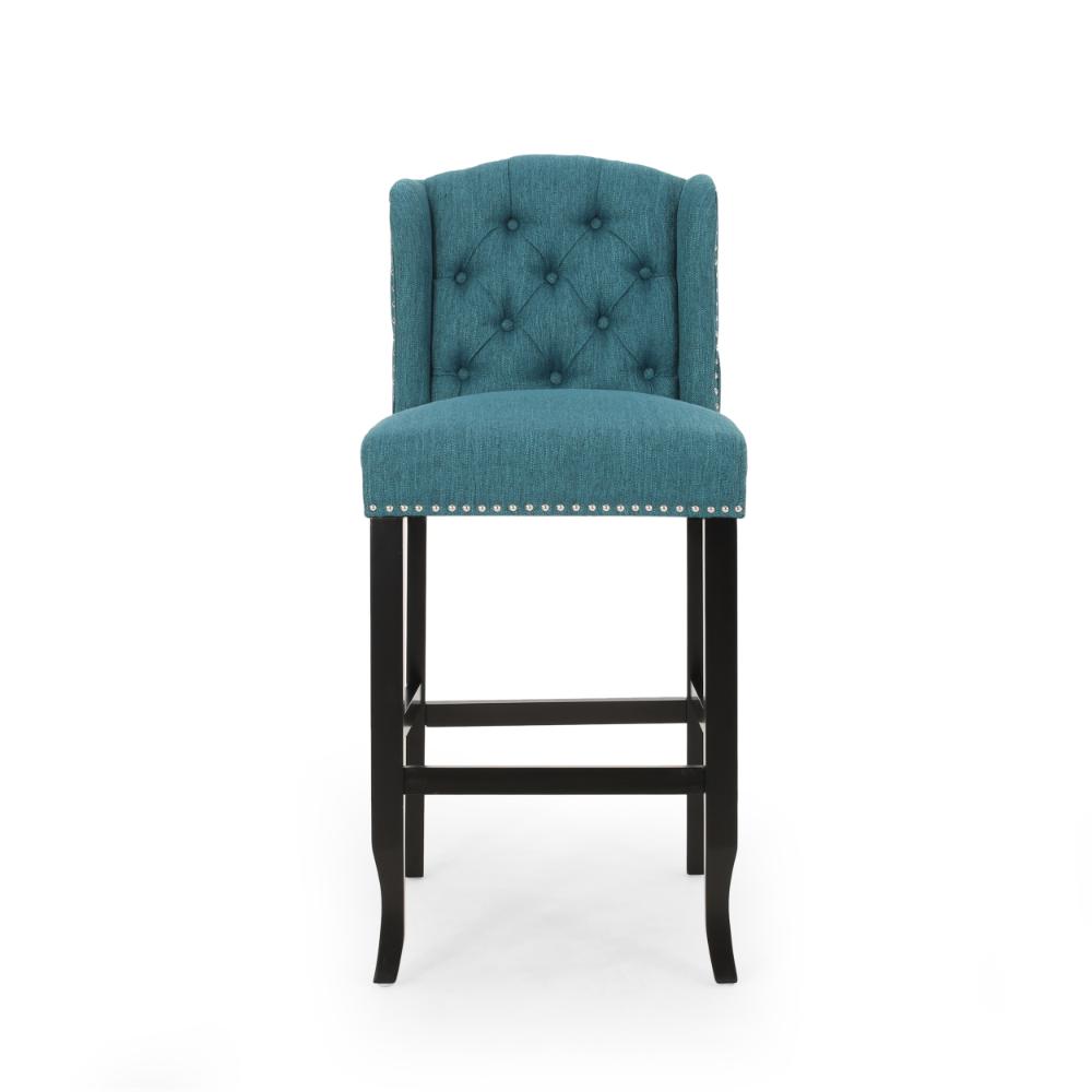 Benjara Seliva Barstool Chair Set of 2, Teal Fabric, Tufted Back, Brown Rubberwood