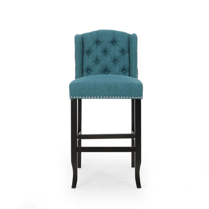 Benjara Seliva Barstool Chair Set of 2, Teal Fabric, Tufted Back, Brown Rubberwood