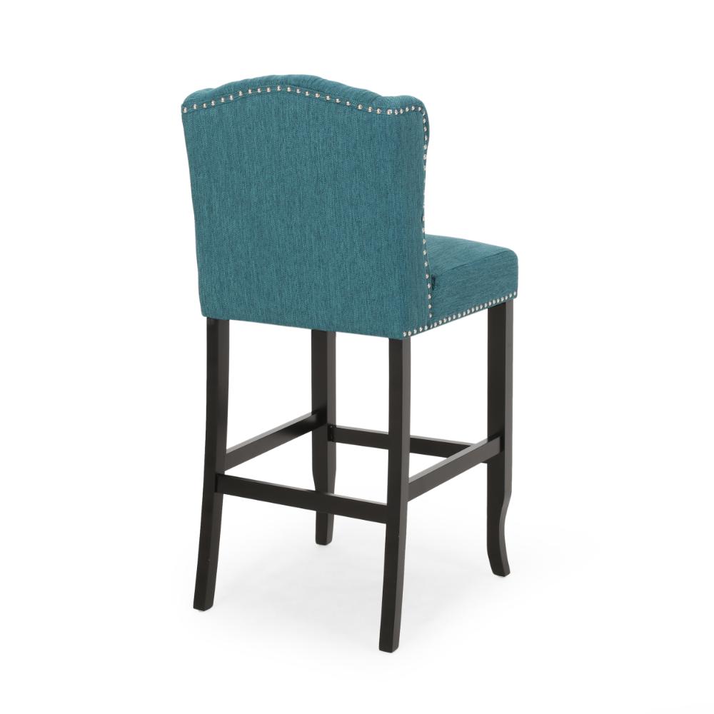 Benjara Seliva Barstool Chair Set of 2, Teal Fabric, Tufted Back, Brown Rubberwood