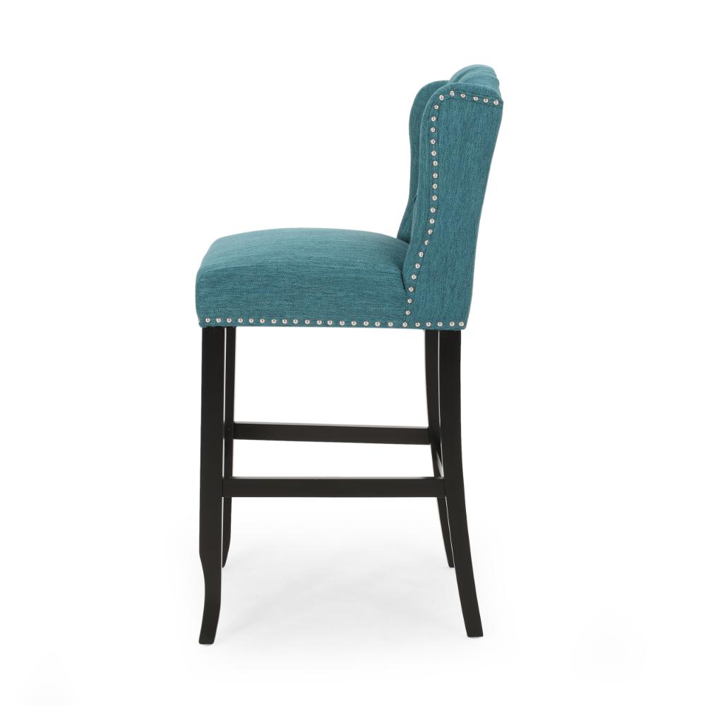 Benjara Seliva Barstool Chair Set of 2, Teal Fabric, Tufted Back, Brown Rubberwood