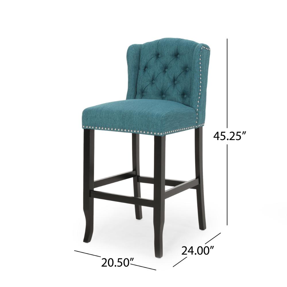 Benjara Seliva Barstool Chair Set of 2, Teal Fabric, Tufted Back, Brown Rubberwood