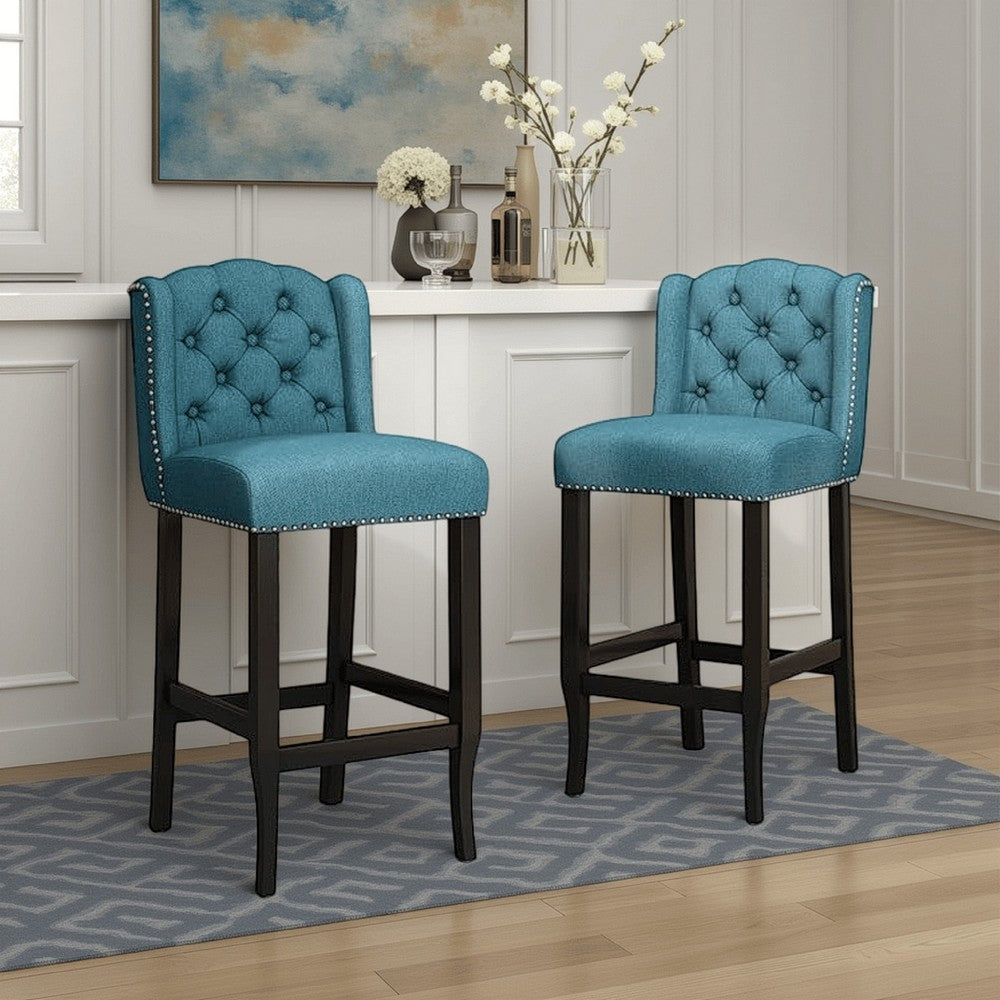 Benjara Seliva Barstool Chair Set of 2, Teal Fabric, Tufted Back, Brown Rubberwood