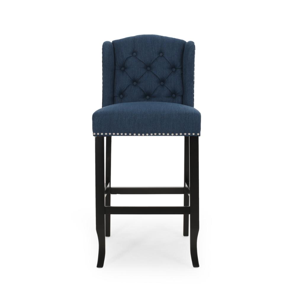 Benjara Seliva Barstool Chair Set of 2, Navy Blue Fabric, Tufted Back, Brown Wood