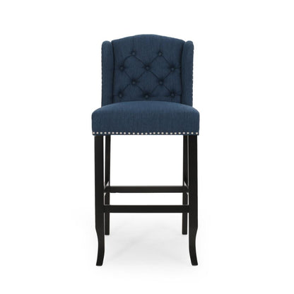 Benjara Seliva Barstool Chair Set of 2, Navy Blue Fabric, Tufted Back, Brown Wood