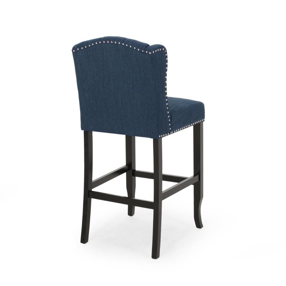 Benjara Seliva Barstool Chair Set of 2, Navy Blue Fabric, Tufted Back, Brown Wood