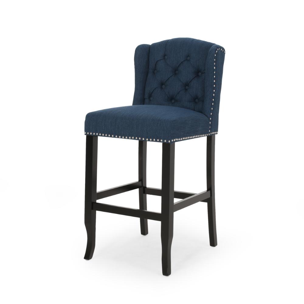 Benjara Seliva Barstool Chair Set of 2, Navy Blue Fabric, Tufted Back, Brown Wood