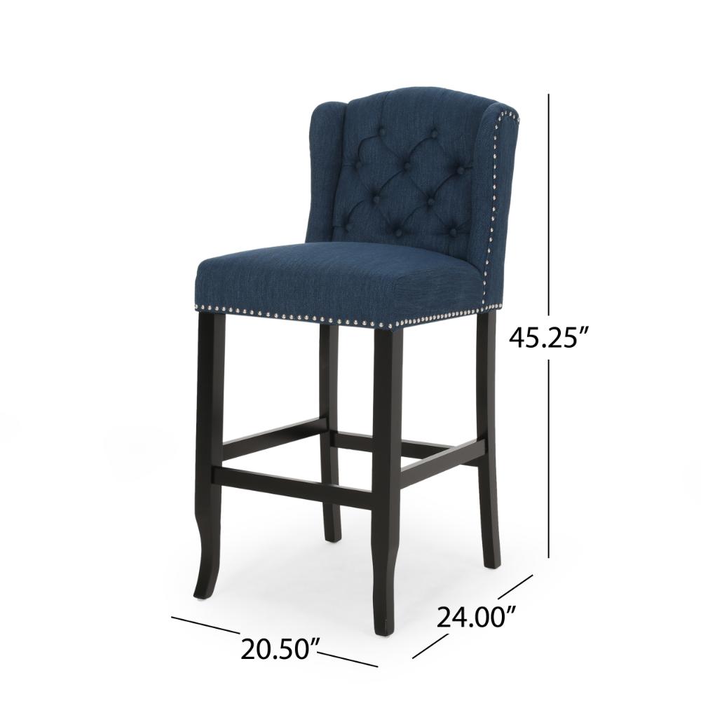 Benjara Seliva Barstool Chair Set of 2, Navy Blue Fabric, Tufted Back, Brown Wood