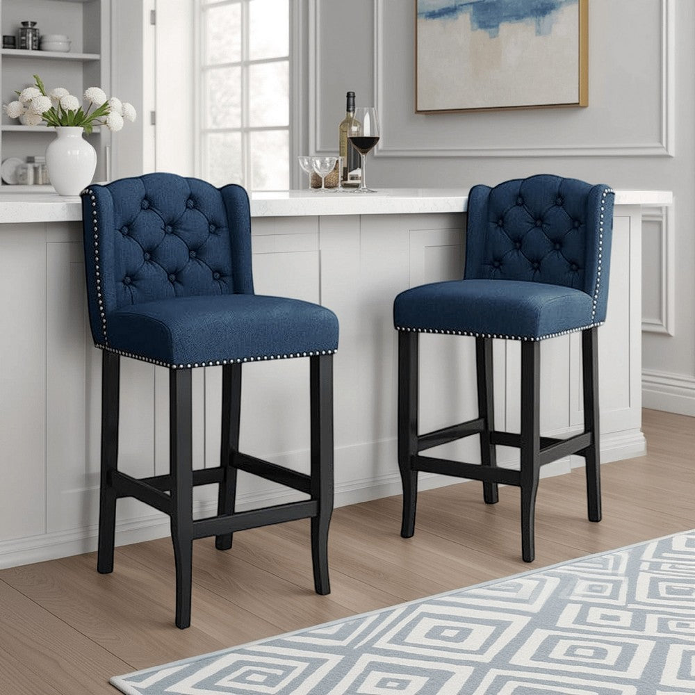 Benjara Seliva Barstool Chair Set of 2, Navy Blue Fabric, Tufted Back, Brown Wood