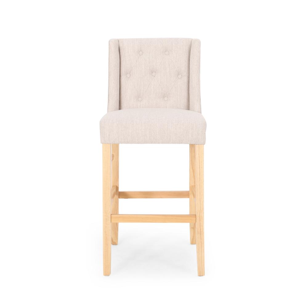 Benjara Seliva Barstool Chair Set of 2, Beige Fabric, Tufted Back, Brown Rubberwood
