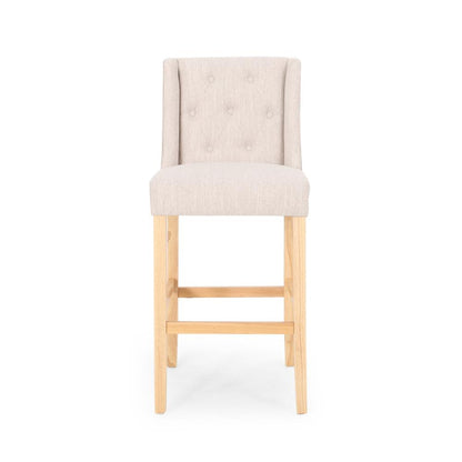 Benjara Seliva Barstool Chair Set of 2, Beige Fabric, Tufted Back, Brown Rubberwood