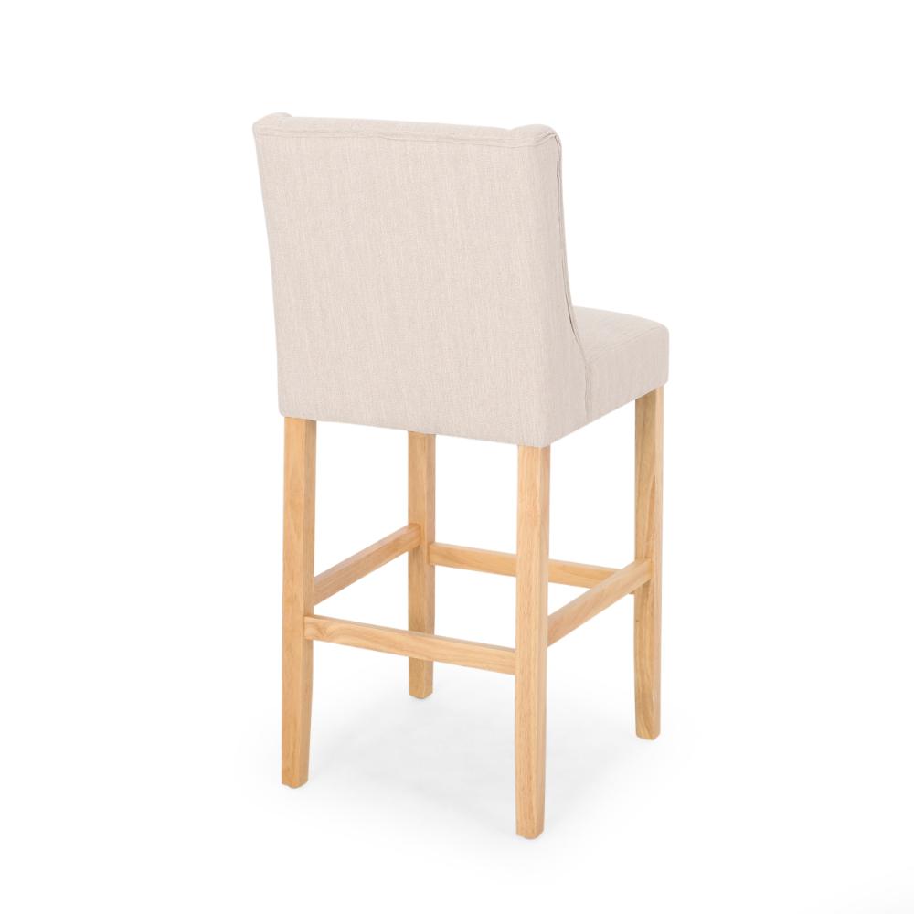 Benjara Seliva Barstool Chair Set of 2, Beige Fabric, Tufted Back, Brown Rubberwood