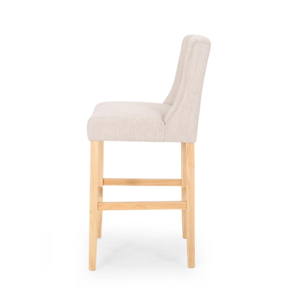 Benjara Seliva Barstool Chair Set of 2, Beige Fabric, Tufted Back, Brown Rubberwood