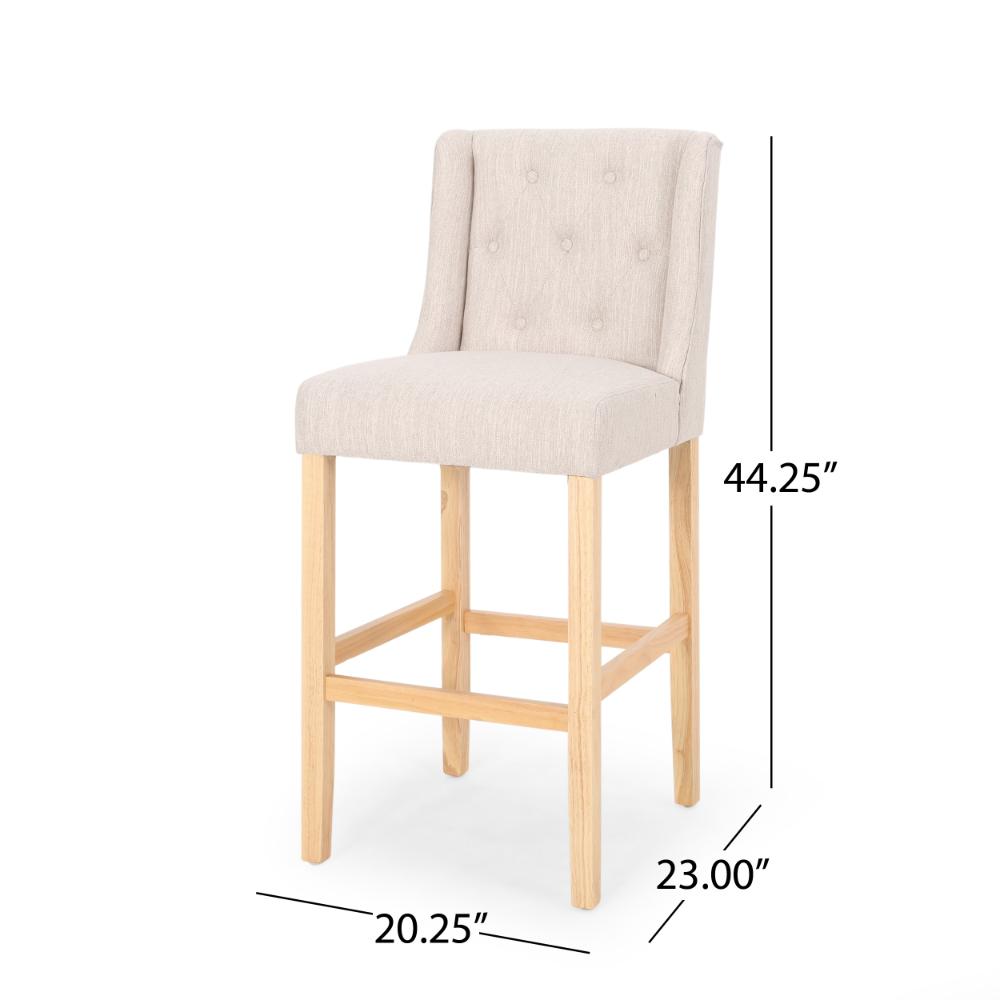 Benjara Seliva Barstool Chair Set of 2, Beige Fabric, Tufted Back, Brown Rubberwood