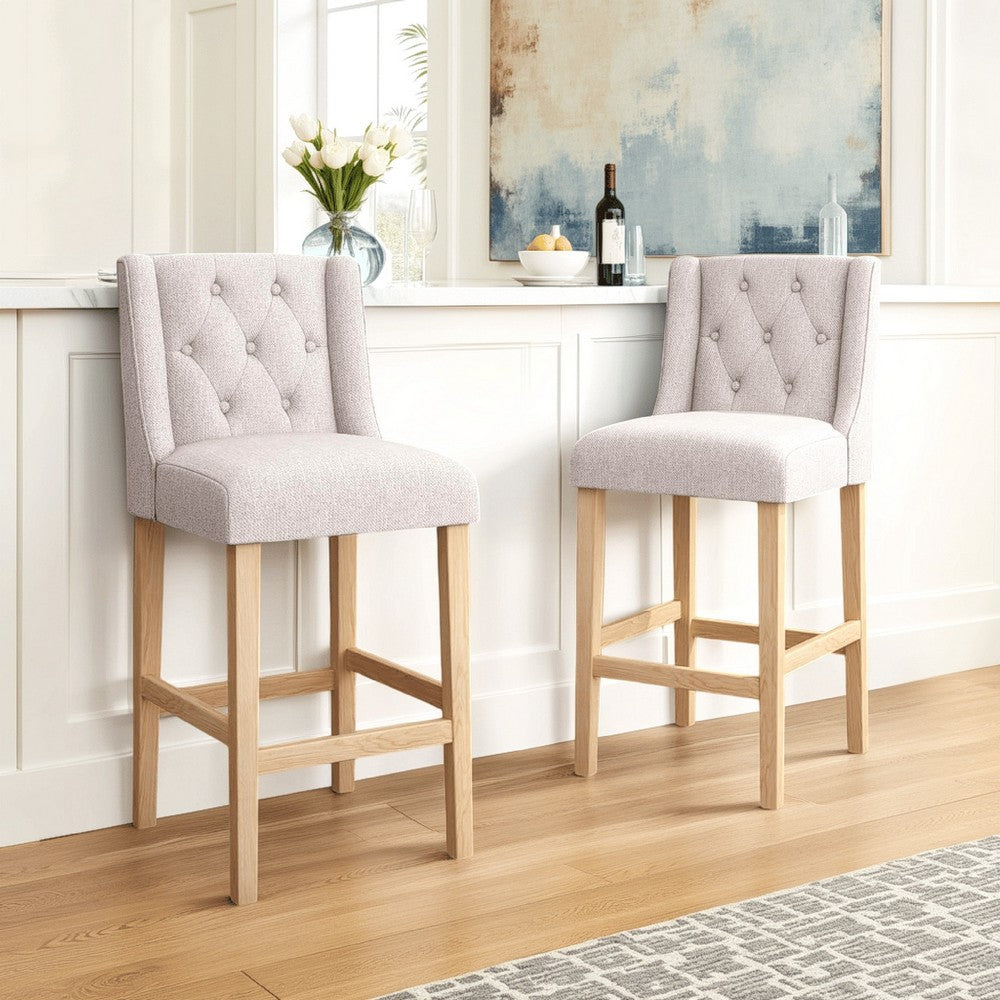 Benjara Seliva Barstool Chair Set of 2, Beige Fabric, Tufted Back, Brown Rubberwood
