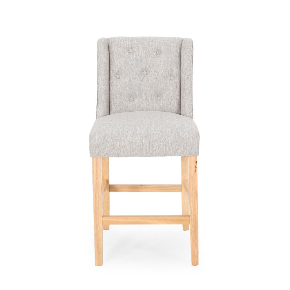 Benjara Seliva Counter Stool Chair Set of 2, Light Gray Fabric, Tufted, Brown Wood