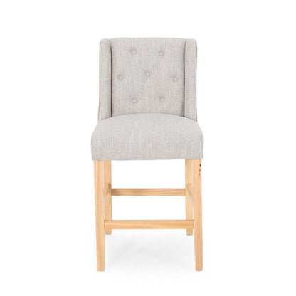 Benjara Seliva Counter Stool Chair Set of 2, Light Gray Fabric, Tufted, Brown Wood