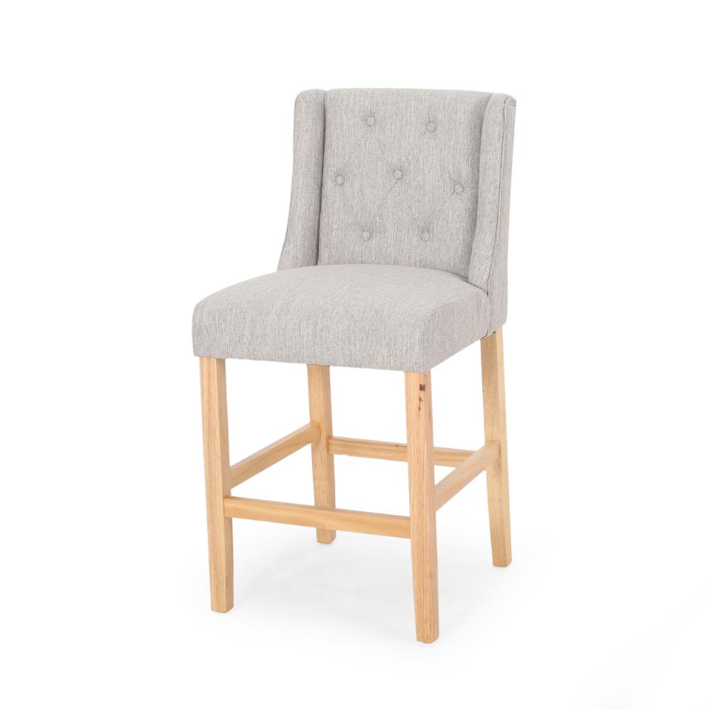 Benjara Seliva Counter Stool Chair Set of 2, Light Gray Fabric, Tufted, Brown Wood