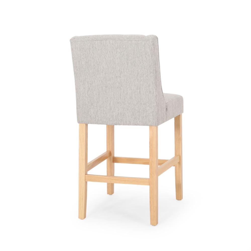 Benjara Seliva Counter Stool Chair Set of 2, Light Gray Fabric, Tufted, Brown Wood
