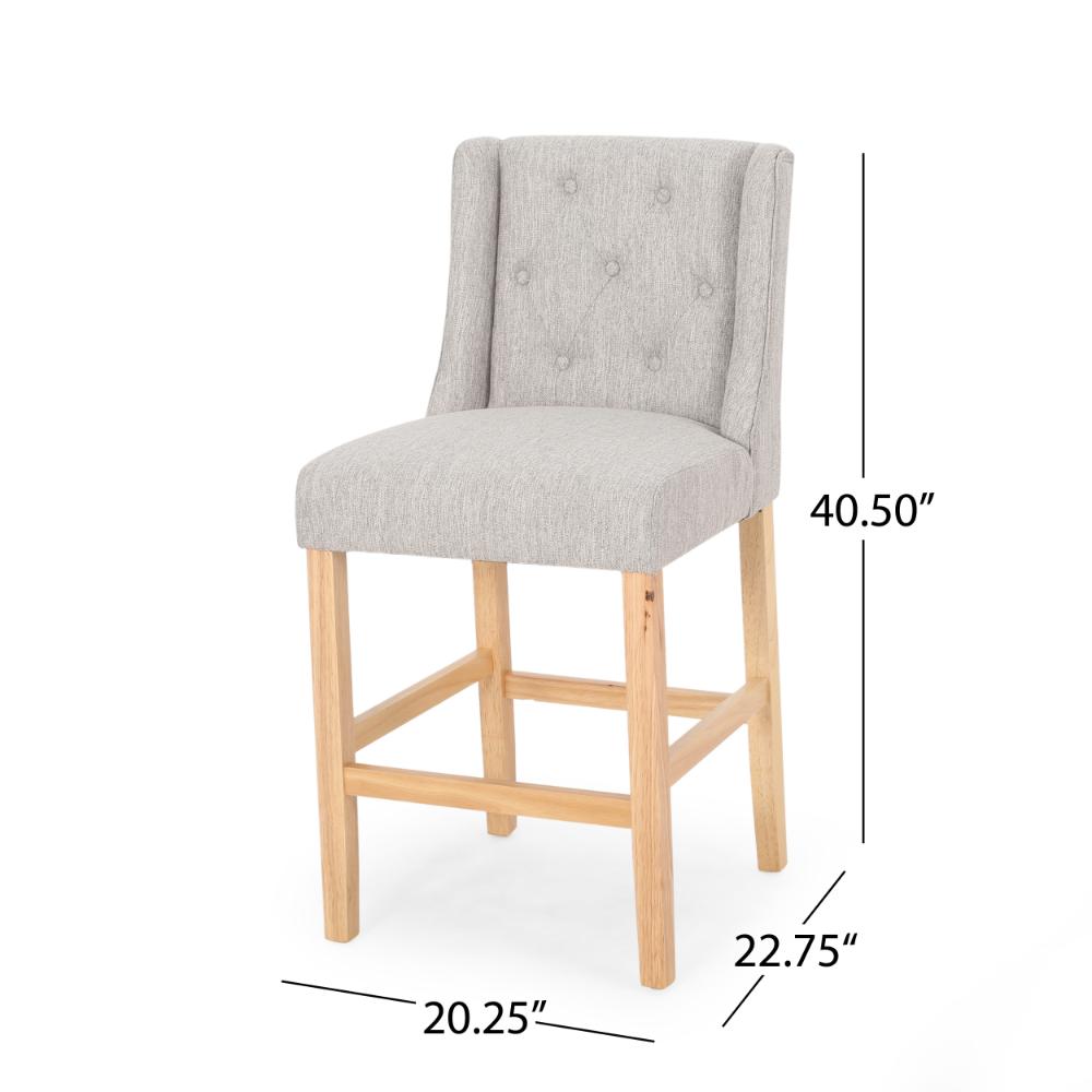 Benjara Seliva Counter Stool Chair Set of 2, Light Gray Fabric, Tufted, Brown Wood