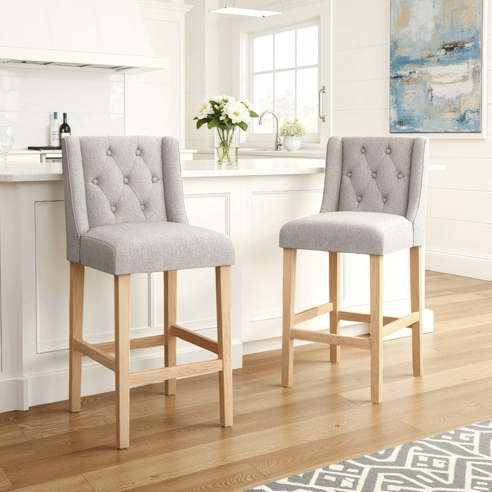 Benjara Seliva Counter Stool Chair Set of 2, Light Gray Fabric, Tufted, Brown Wood