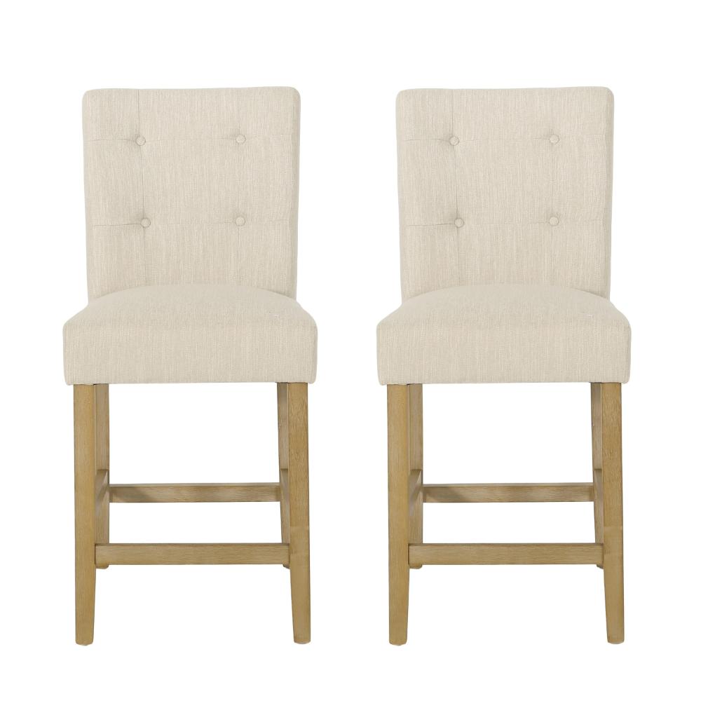 Benjara Sika Counter Stool Chair Set of 2, Button Tufted Beige Fabric, Brown Wood