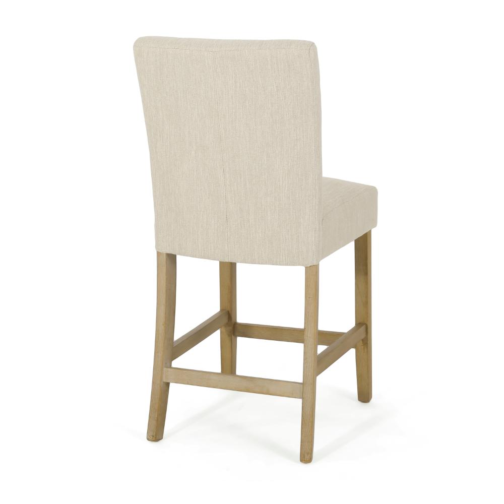 Benjara Sika Counter Stool Chair Set of 2, Button Tufted Beige Fabric, Brown Wood