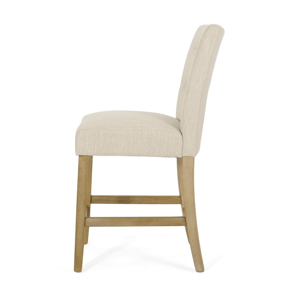 Benjara Sika Counter Stool Chair Set of 2, Button Tufted Beige Fabric, Brown Wood