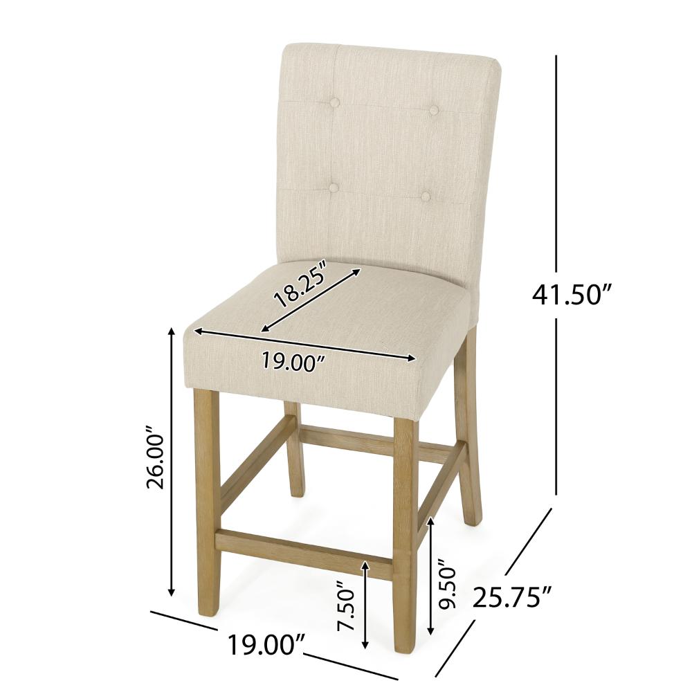 Benjara Sika Counter Stool Chair Set of 2, Button Tufted Beige Fabric, Brown Wood