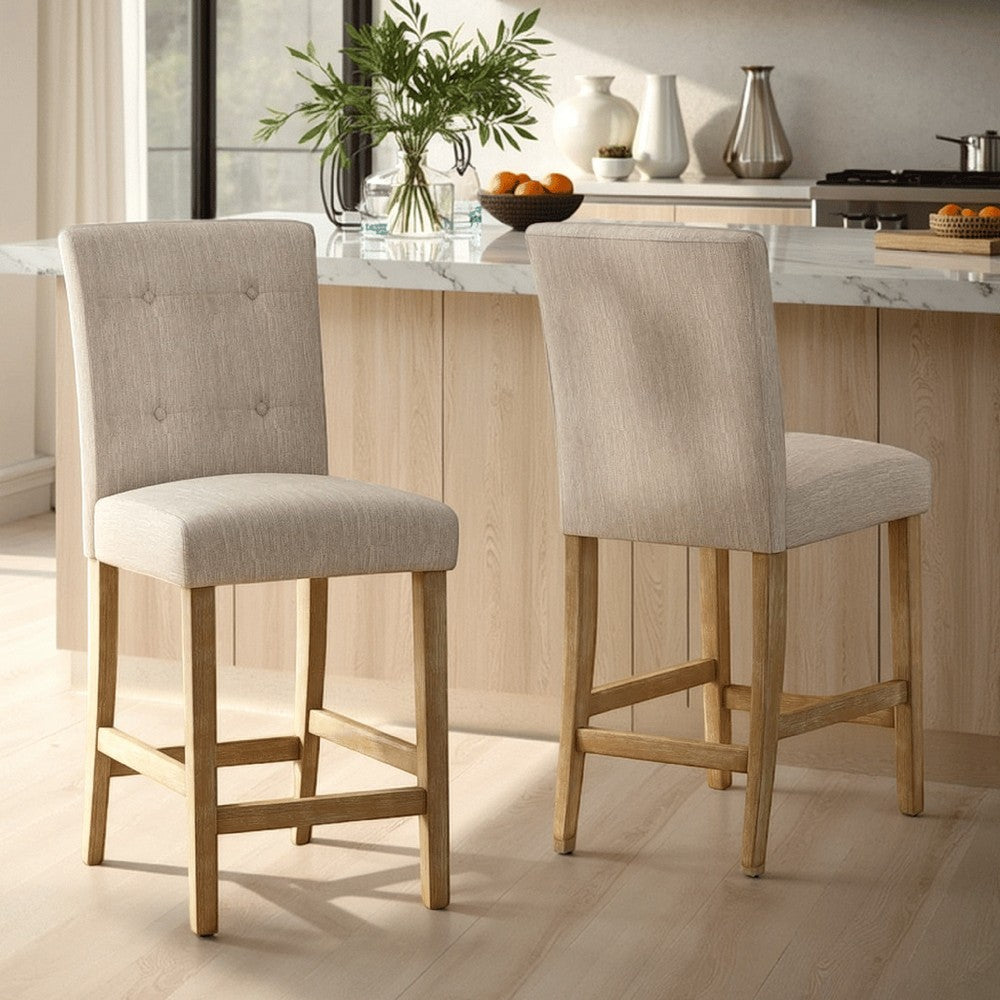 Benjara Sika Counter Stool Chair Set of 2, Button Tufted Beige Fabric, Brown Wood