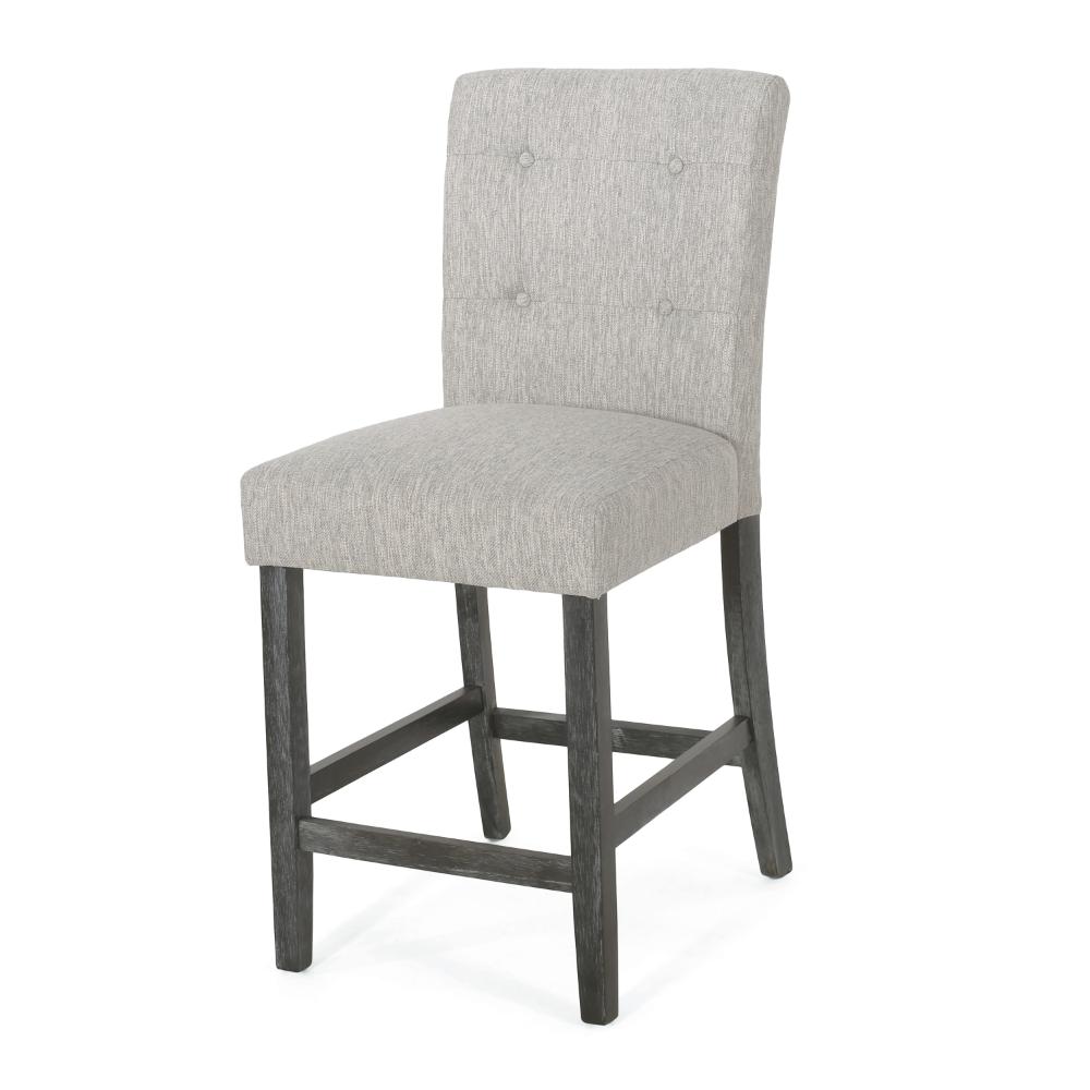 Benjara Sika Counter Height Stool Chair Set of 2, Tufted Light Gray, Charcoal Wood