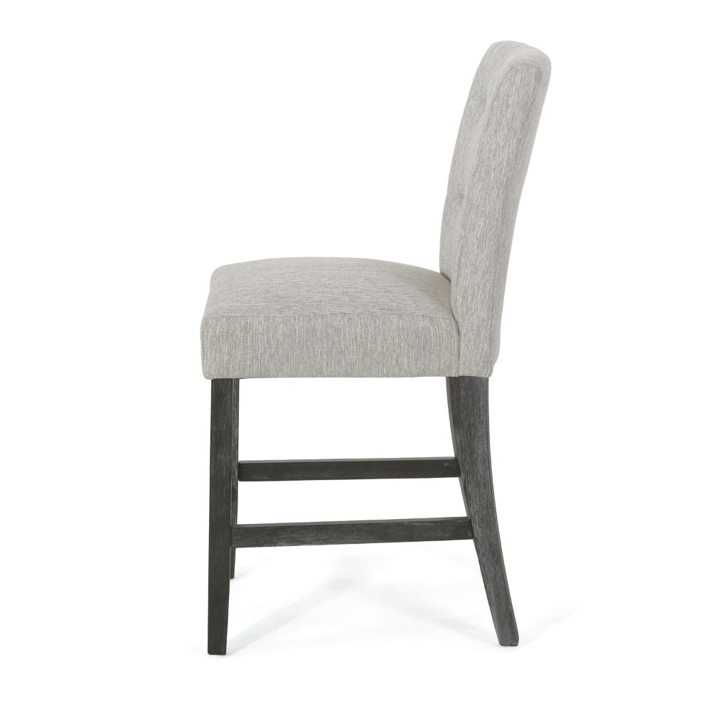 Benjara Sika Counter Height Stool Chair Set of 2, Tufted Light Gray, Charcoal Wood