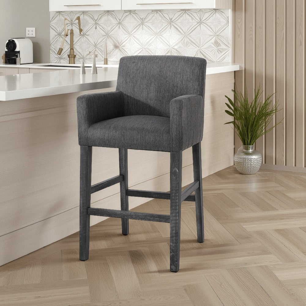 Benjara Rekah Barstool Chair, Charcoal Fabric And Wood Frame, Soft Cushioning
