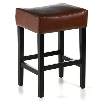 Benjara Piya Counter Stool Set of 2, Backless, Brown Bonded Leather, Black Legs