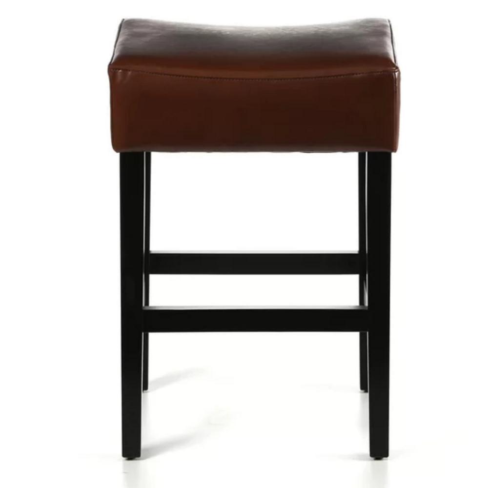 Benjara Piya Counter Stool Set of 2, Backless, Brown Bonded Leather, Black Legs