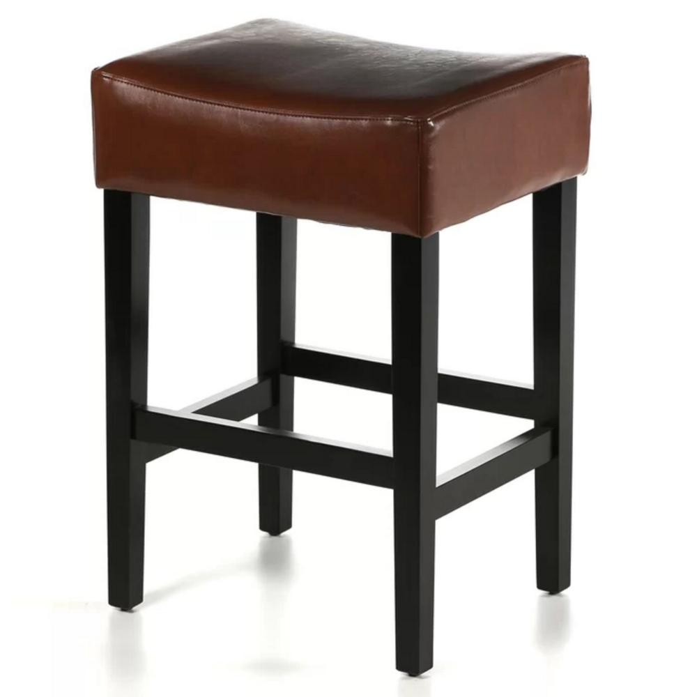 Benjara Piya Counter Stool Set of 2, Backless, Brown Bonded Leather, Black Legs
