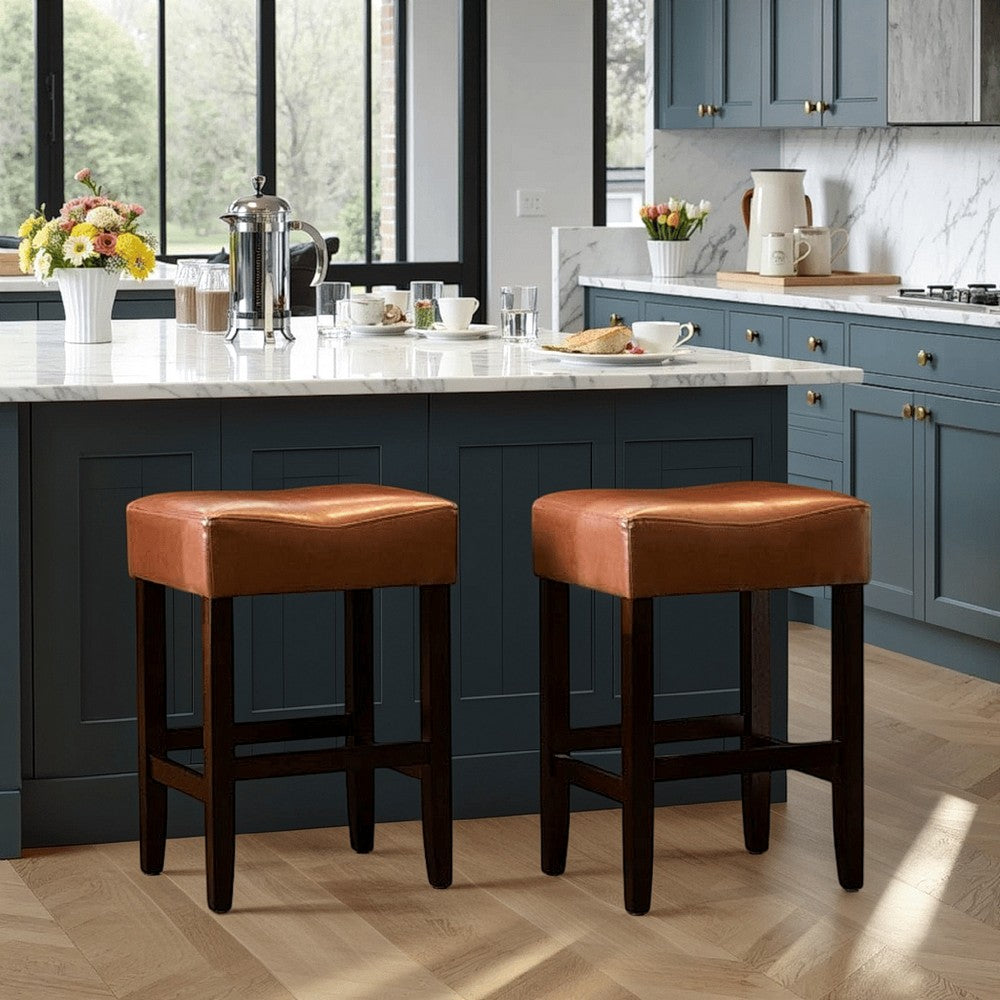 Benjara Piya Counter Stool Set of 2, Backless, Brown Bonded Leather, Black Legs