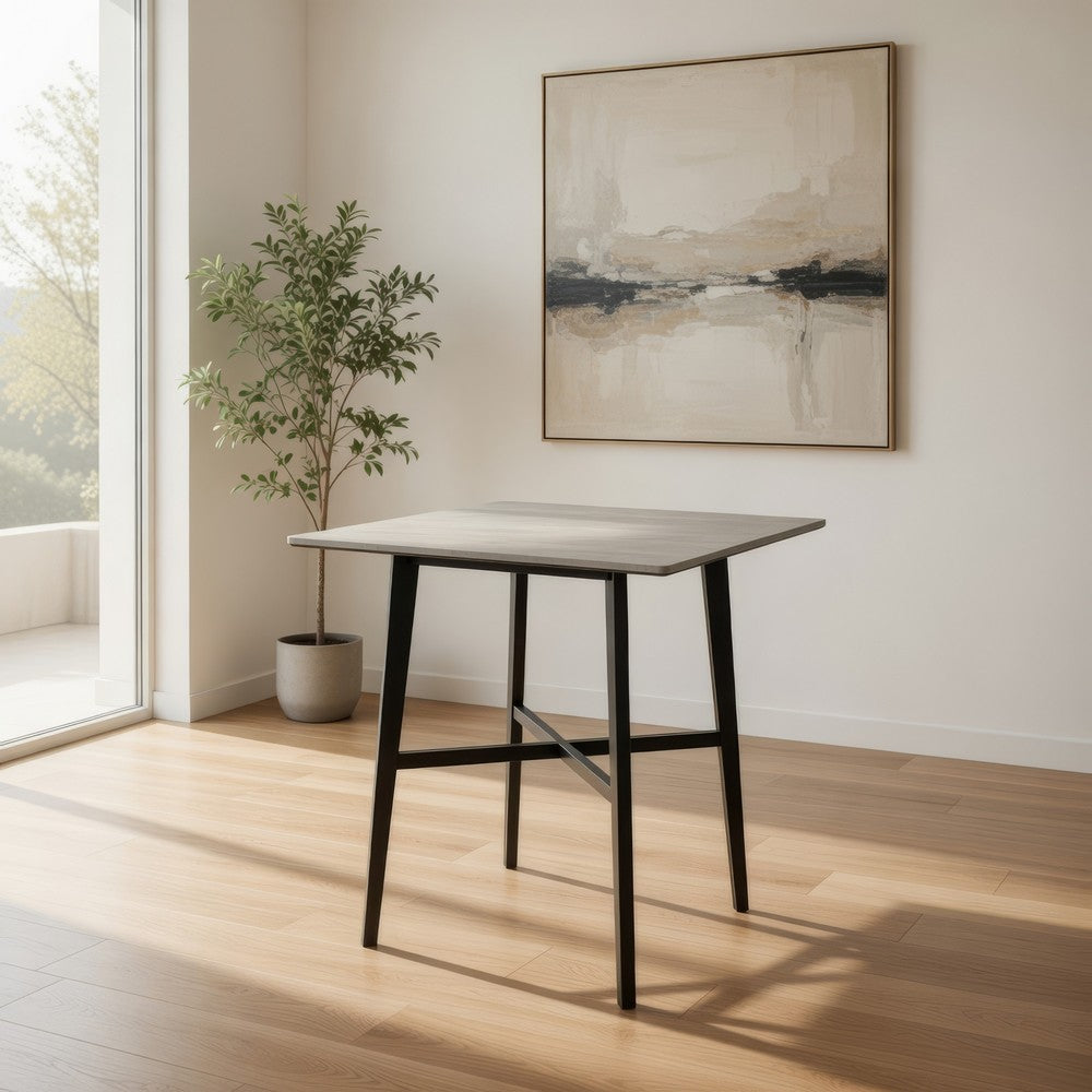 Benjara Ashi Bar Height Dining Table, 31 Inch, White Laminate, Black Wood Frame