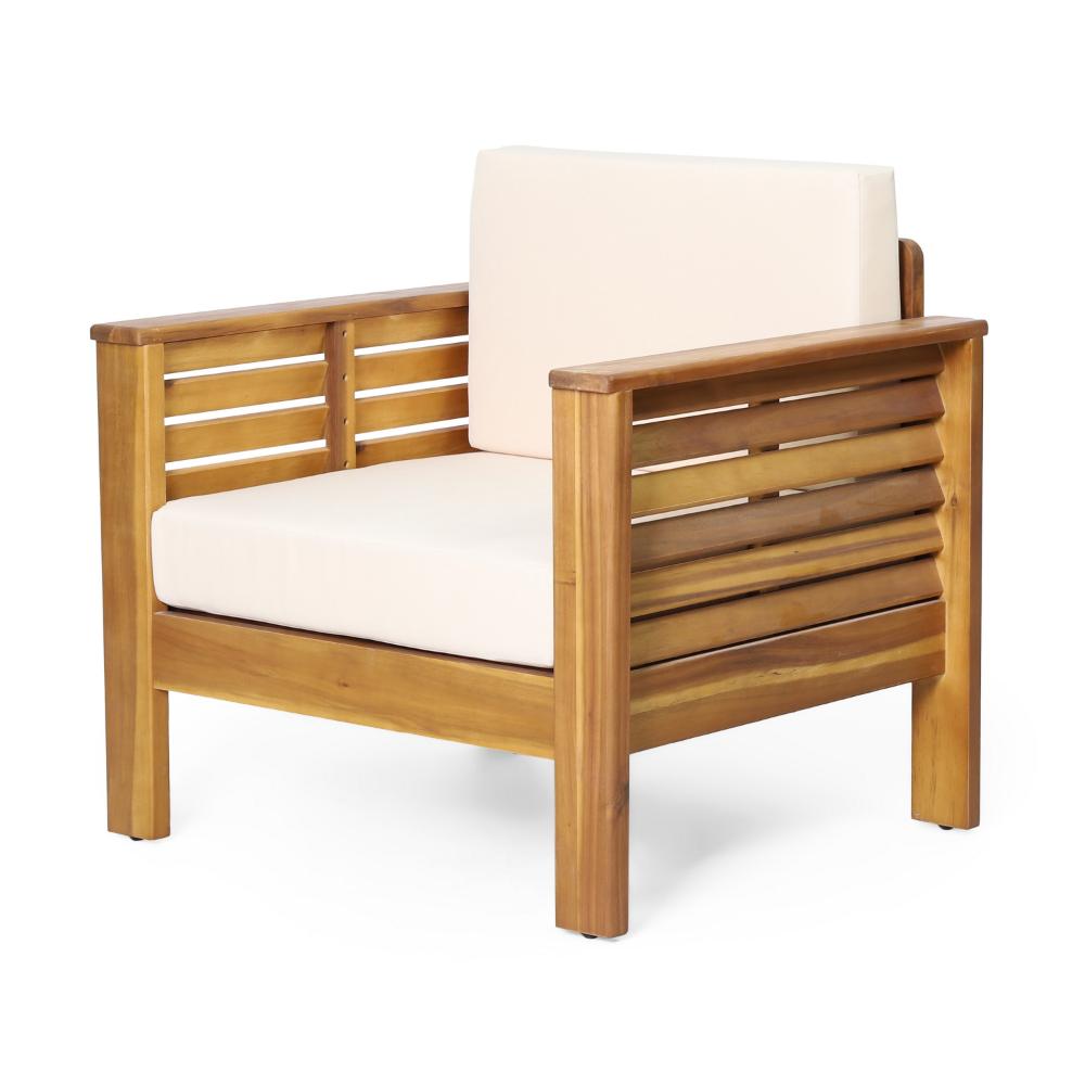 Benjara Siyal Outdoor Club Accent Chair Set of 2, Soft Beige, Brown Acacia Wood