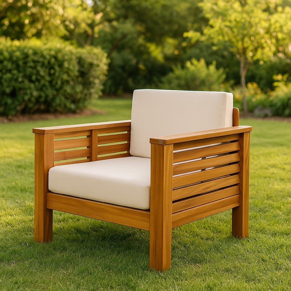 Benjara Siyal Outdoor Club Accent Chair Set of 2, Soft Beige, Brown Acacia Wood
