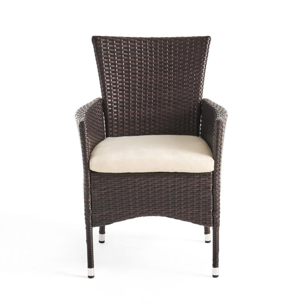 Benjara Clem Dining Chair Set of 2, Beige, Outdoor Dark Brown Wicker, Iron Frame