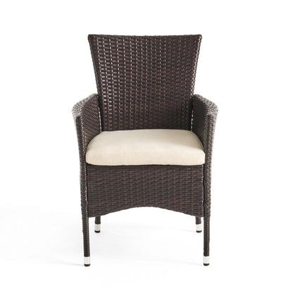 Benjara Clem Dining Chair Set of 2, Beige, Outdoor Dark Brown Wicker, Iron Frame