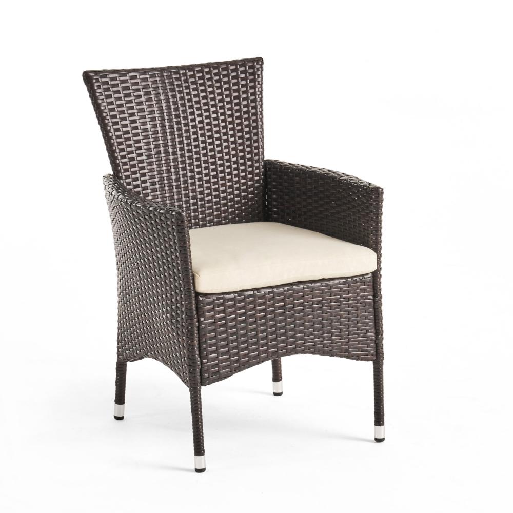 Benjara Clem Dining Chair Set of 2, Beige, Outdoor Dark Brown Wicker, Iron Frame
