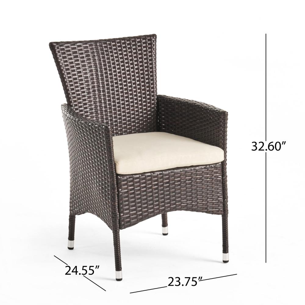 Benjara Clem Dining Chair Set of 2, Beige, Outdoor Dark Brown Wicker, Iron Frame