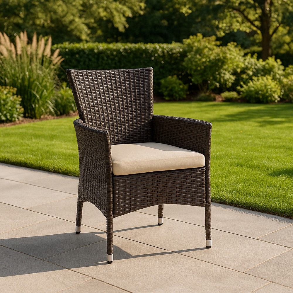 Benjara Clem Dining Chair Set of 2, Beige, Outdoor Dark Brown Wicker, Iron Frame