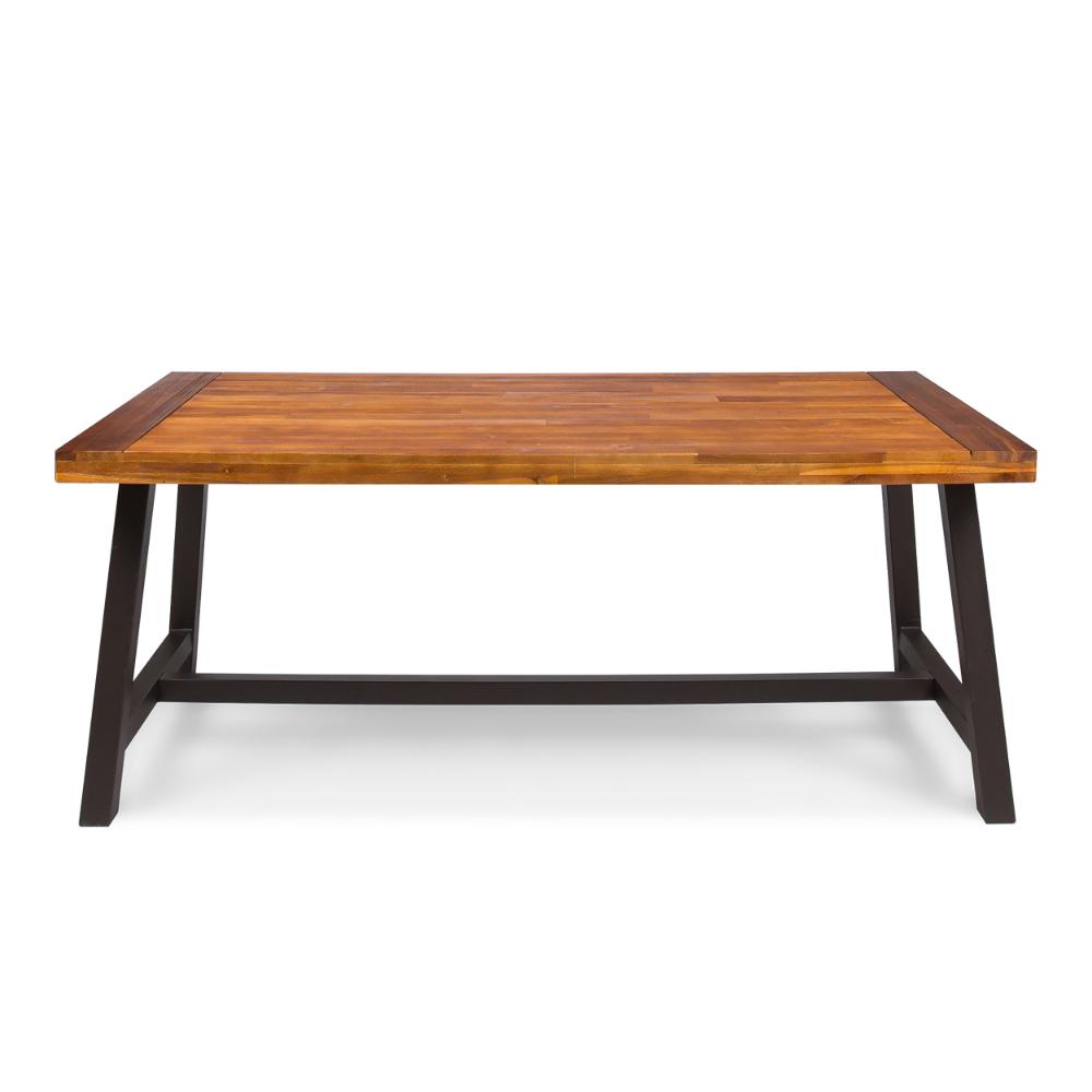 Benjara Carls Dining Table, Rectangular 71 Inch, Outdoor Light Brown Wood, Iron