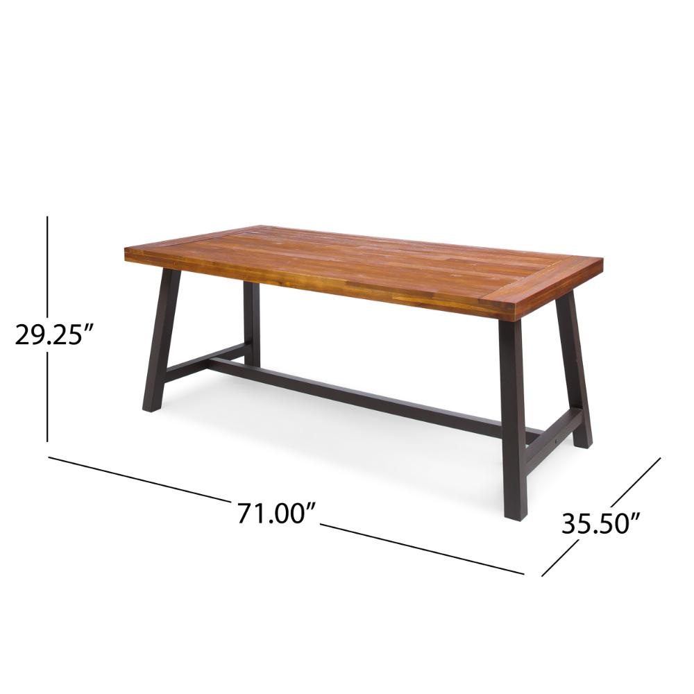 Benjara Carls Dining Table, Rectangular 71 Inch, Outdoor Light Brown Wood, Iron