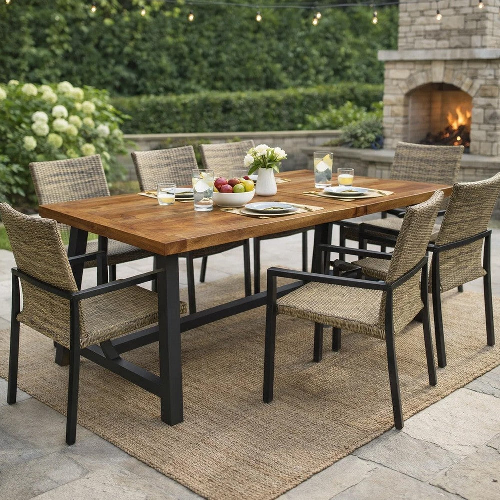 Benjara Carls Dining Table, Rectangular 71 Inch, Outdoor Light Brown Wood, Iron