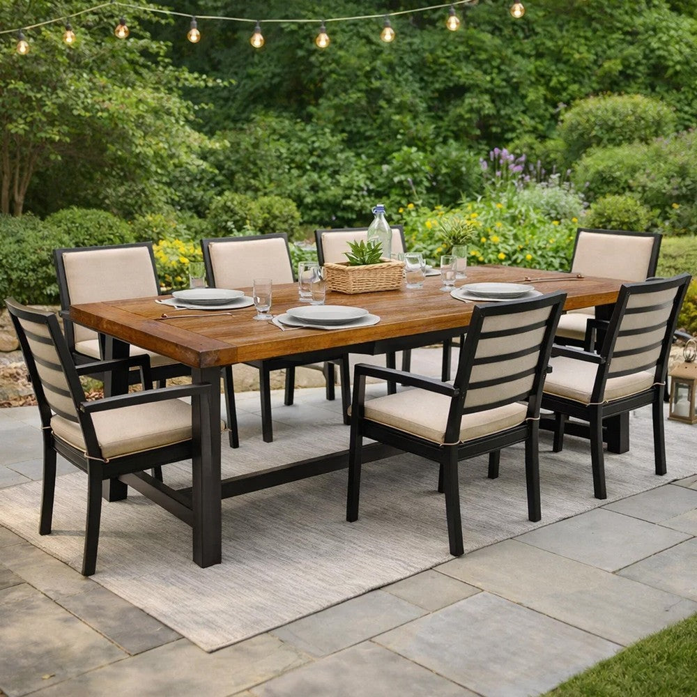 Benjara Carls Dining Table, Rectangular 71 Inch, Outdoor Light Brown Wood, Iron
