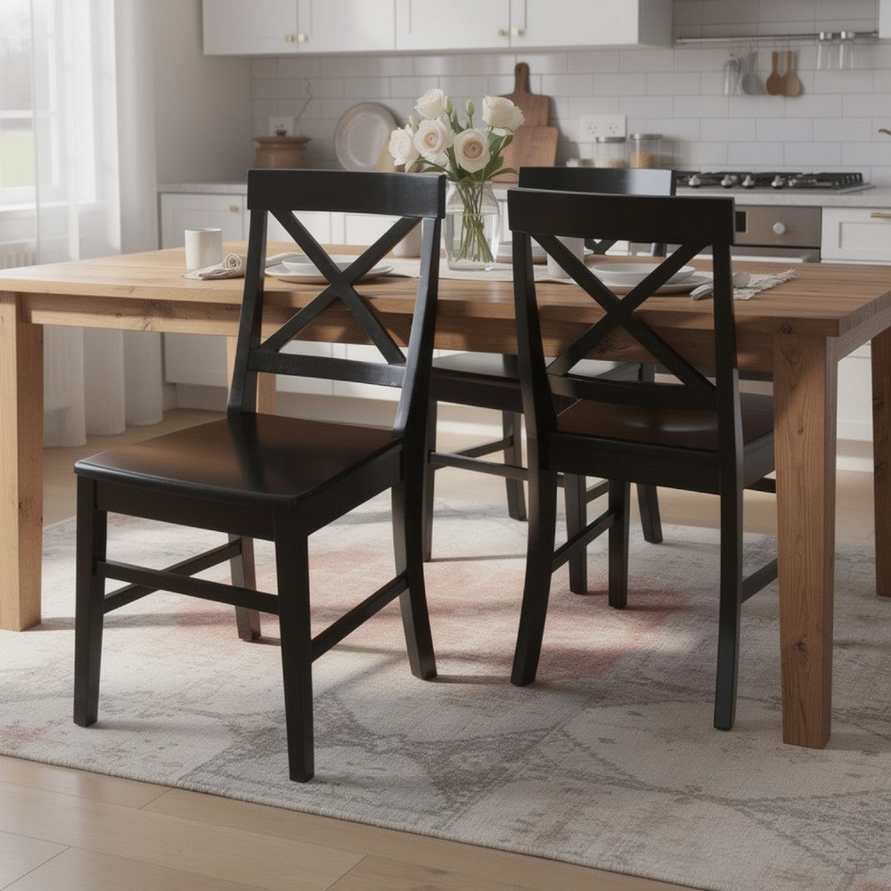 Benjara Ricks Dining Chair Set of 2, Crossed X Back, Curved Back Legs, Black Wood