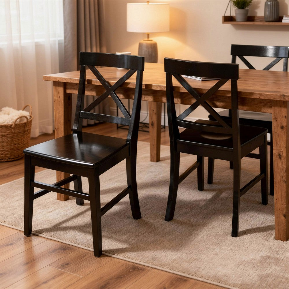 Benjara Ricks Dining Chair Set of 2, Crossed X Back, Curved Back Legs, Black Wood